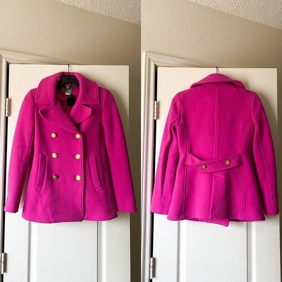 J. Crew Coat Majesty Stadium Cloth Wool Short Double-Breasted Fuchsia 00 GUC - Picture 2 of 8